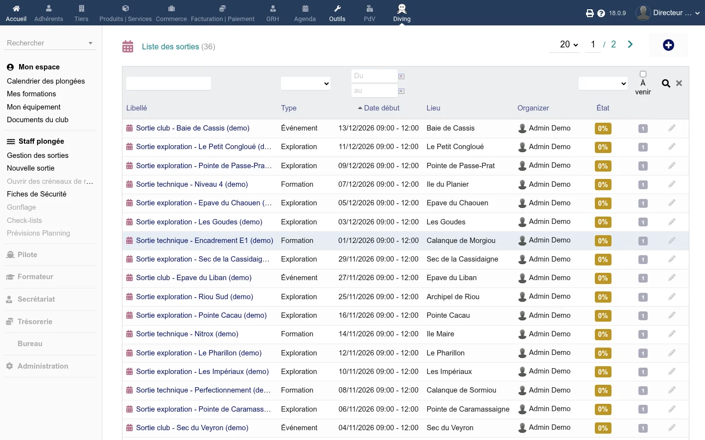 La liste des sorties dans le backoffice