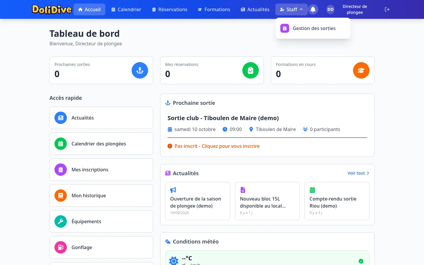 Le menu Staff de l'application