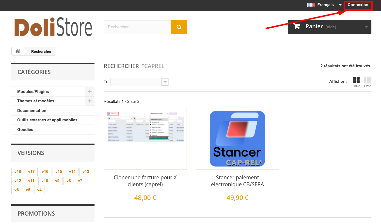 Allez sur DoliStore et authentifiez-vous