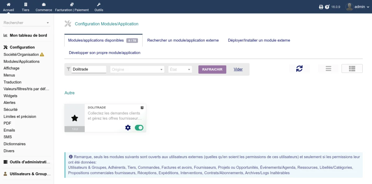 Page d'activation du module Dolitrade dans la liste des modules Dolibarr
