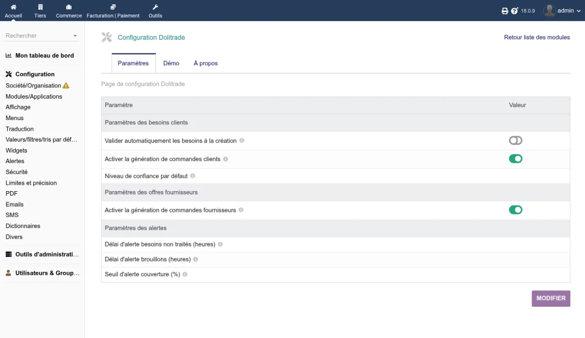 Page de configuration Dolitrade avec les sections besoins, offres et alertes