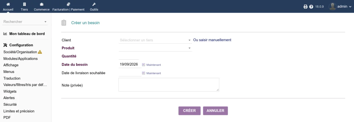 Fiche de création d'un besoin client avec les champs produit, quantité et client