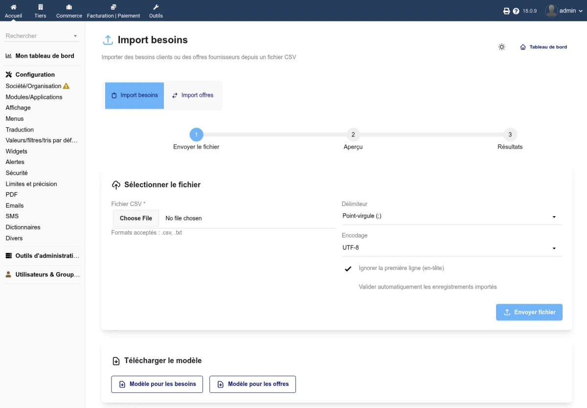 Page d'import CSV avec le choix du type, l'envoi du fichier et l'aperçu des données