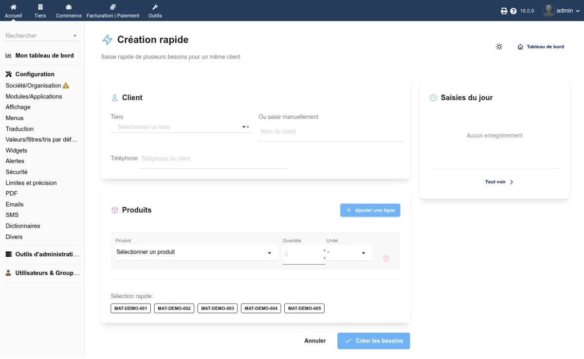Formulaire de saisie rapide avec plusieurs lignes produit pour un même client