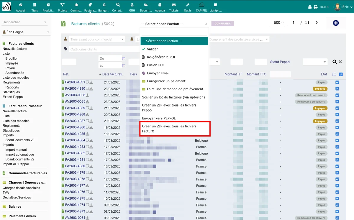 Menu des actions de masse avec l'option FacturX ZIP sur la liste des factures