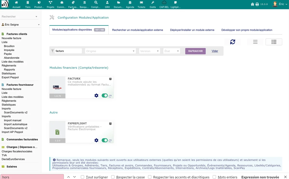 Page de configuration du module Facturx dans Dolibarr