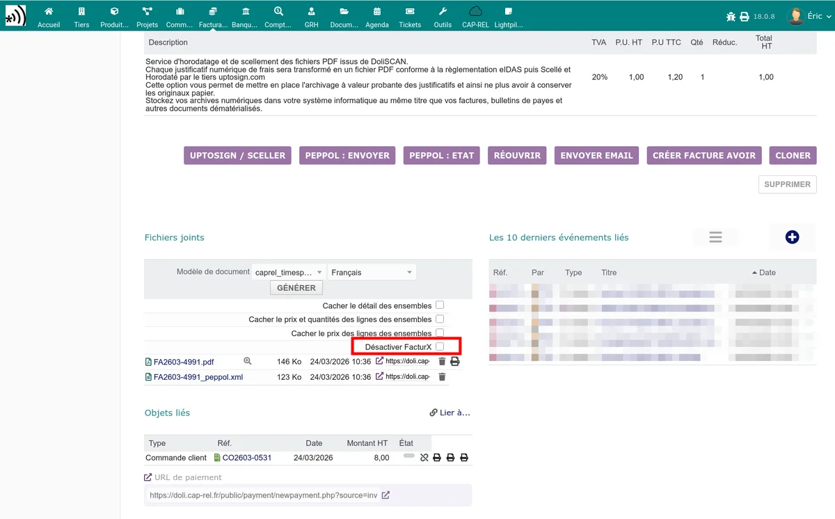 Case à cocher Désactiver FacturX dans la zone de génération du PDF