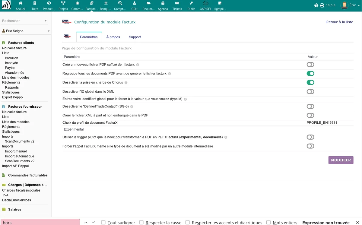 Écran de configuration du module Facturx avec l'ensemble des paramètres
