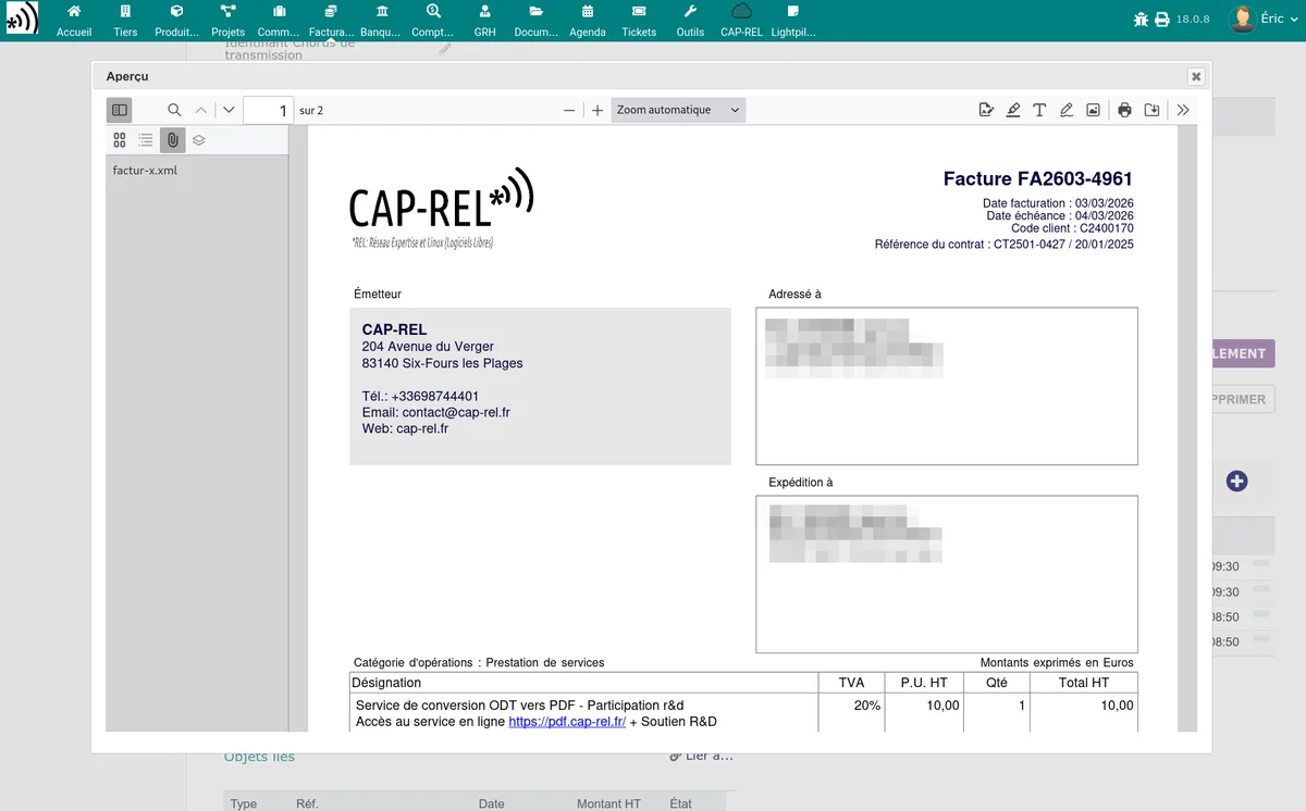 PDF de facture avec le fichier factur-x.xml visible dans les pièces jointes