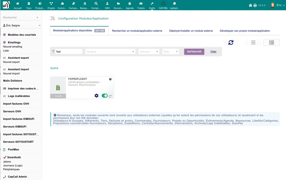 Activation du module FxPreFlight dans la liste des modules Dolibarr
