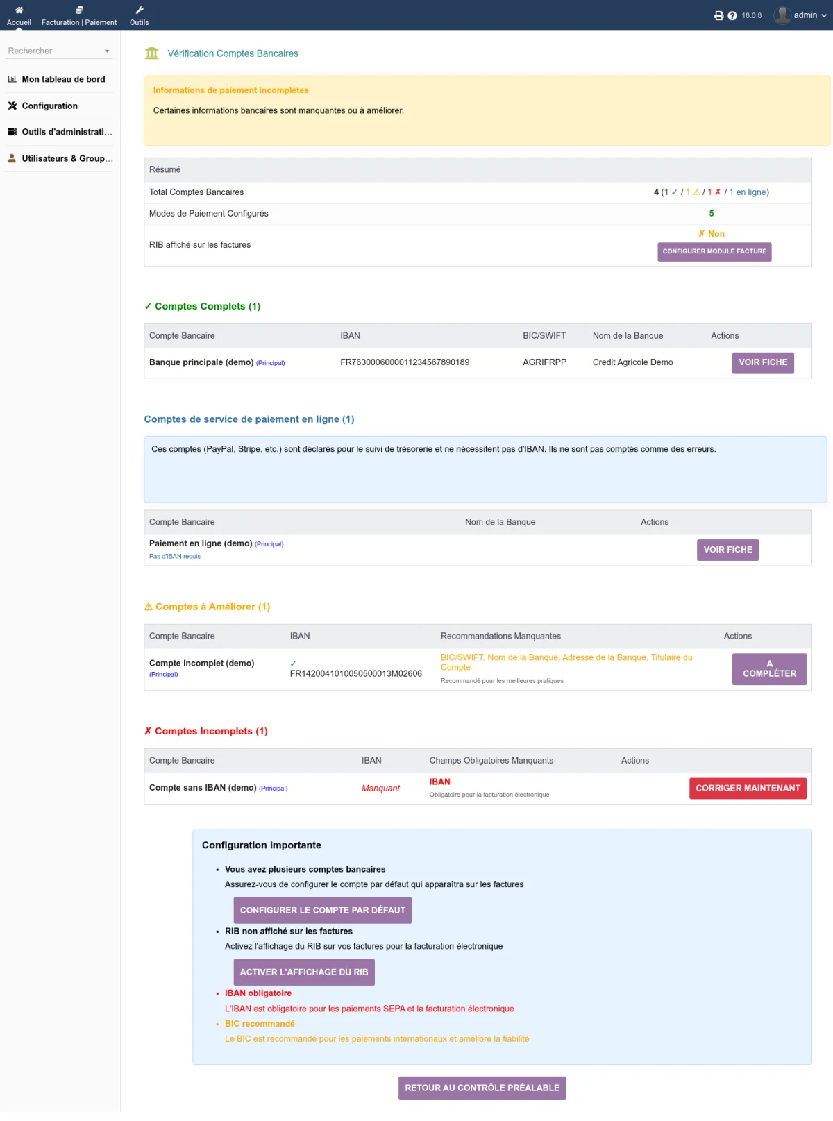 Vérification des comptes bancaires avec le statut de chaque champ
