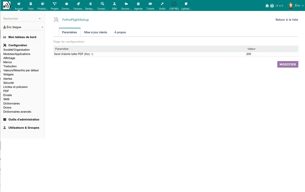 Page de configuration du module FxPreFlight avec le seuil de taille PDF