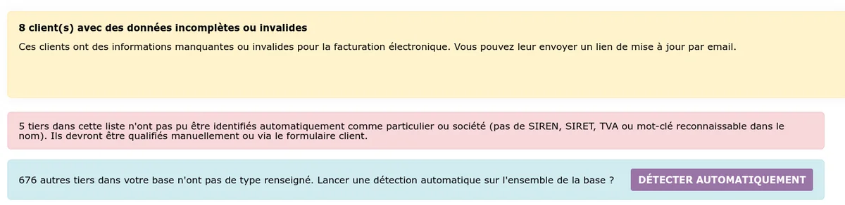 Bandeaux d'information sur les types de tiers non renseignés avec le bouton de détection automatique