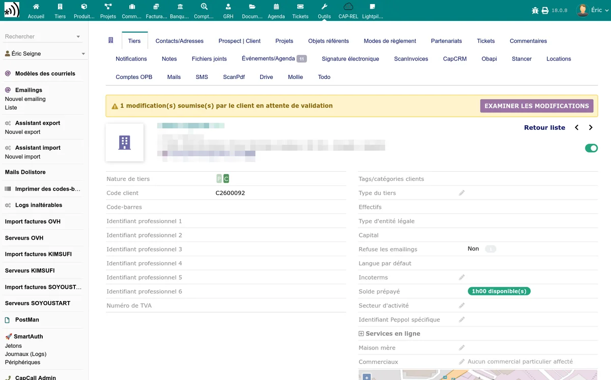 Bannière orange sur la fiche tiers indiquant des modifications en attente de validation