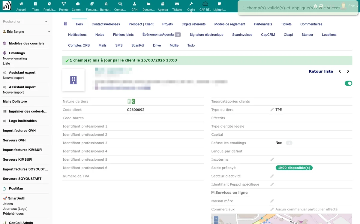 Bannière verte sur la fiche tiers indiquant que les informations ont été mises à jour par le client