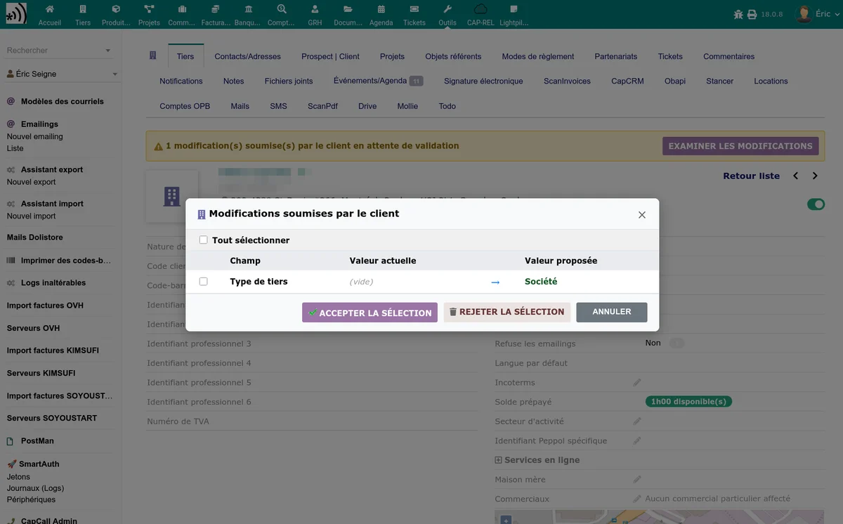 Popup de validation sur la fiche tiers avec les deux colonnes ancien/nouveau, les cases à cocher et les boutons d'action