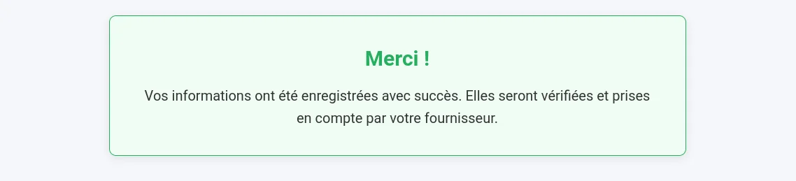Page de confirmation après soumission du formulaire par le client