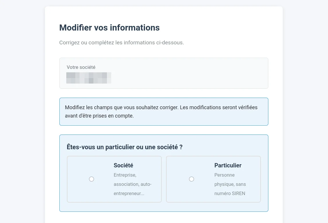 Formulaire public avec le choix du type de tiers (particulier ou société)