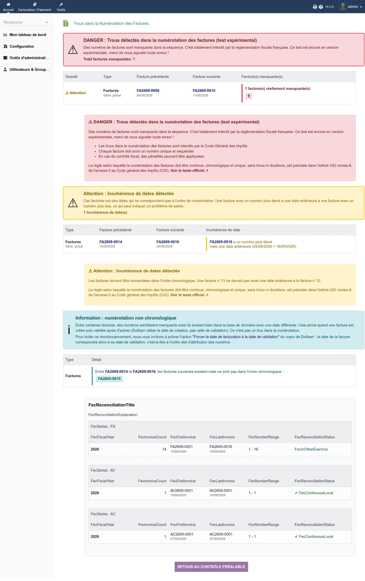 Page d'analyse des trous de numérotation avec les trois types de problèmes
