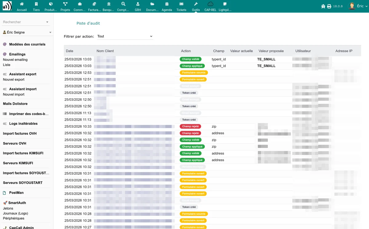 Page de la piste d'audit avec la liste des actions, les filtres par type et par tiers