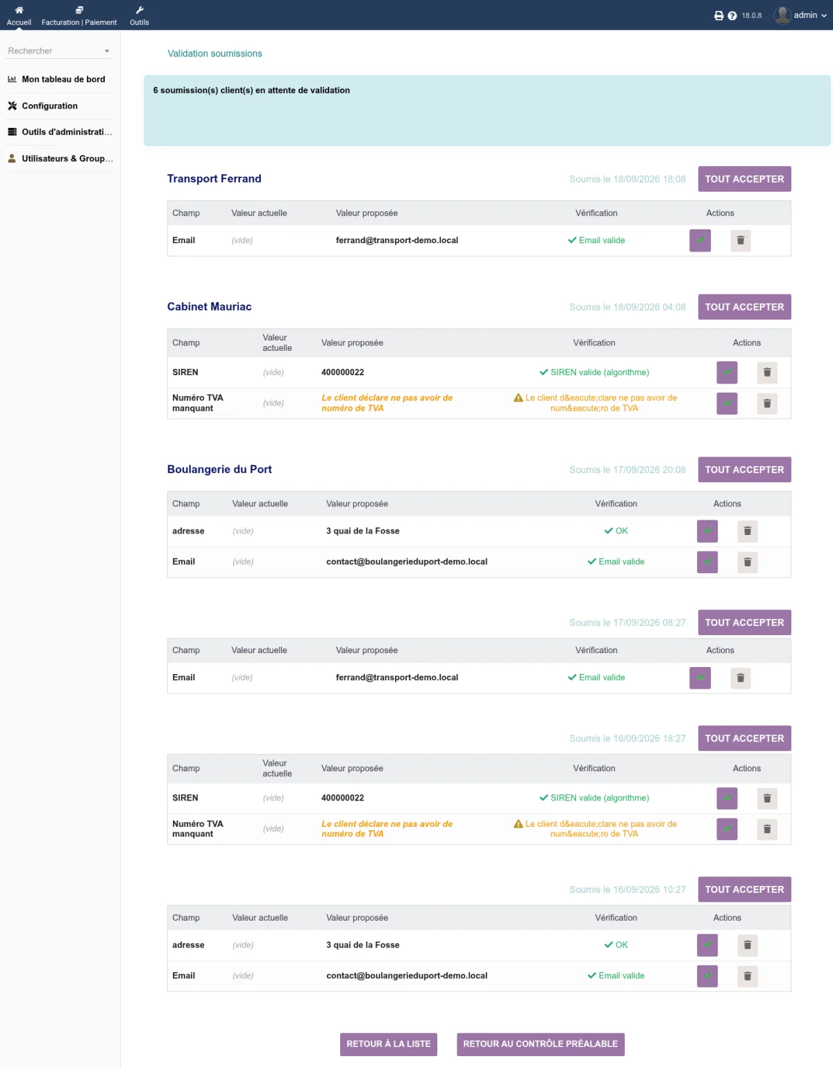 Page de validation des soumissions avec les données regroupées par client