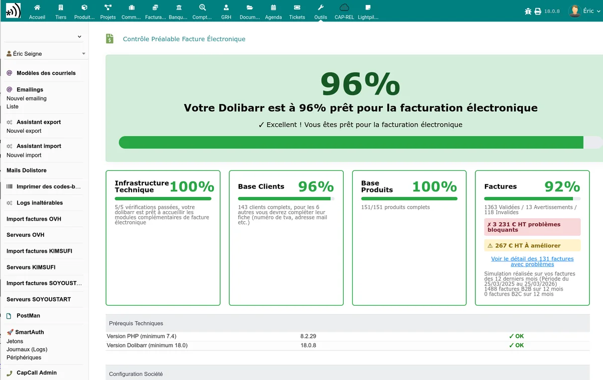 Tableau de bord FxPreFlight affichant le score global de conformité et les quatre indicateurs détaillés