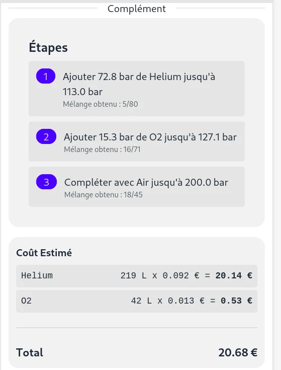 Détail d'une méthode avec les étapes numérotées et le mélange obtenu après chaque étape