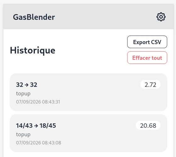 Liste de l'historique avec le mélange de départ, le mélange obtenu, le plongeur, le bloc, la méthode et le coût