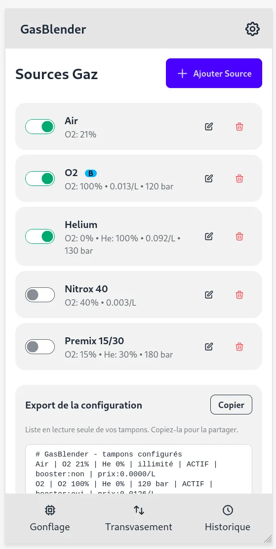 Liste des tampons avec l'interrupteur de disponibilité, le mélange, la pression et le prix