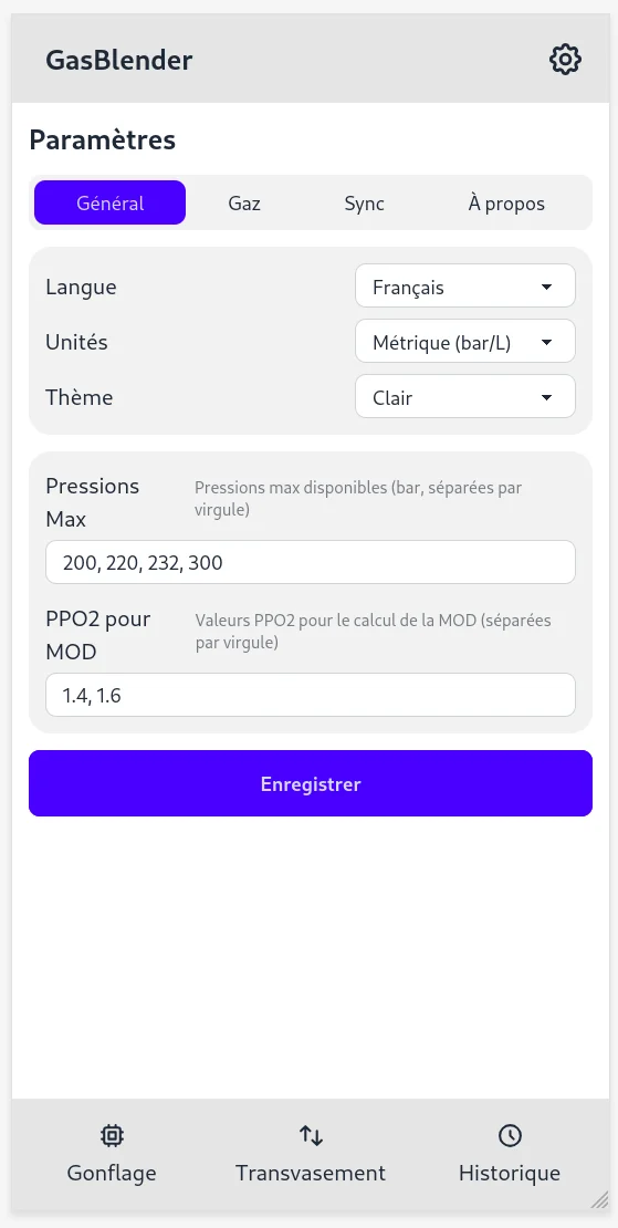 Les quatre onglets des paramètres : Général, Gaz, Sync et À propos