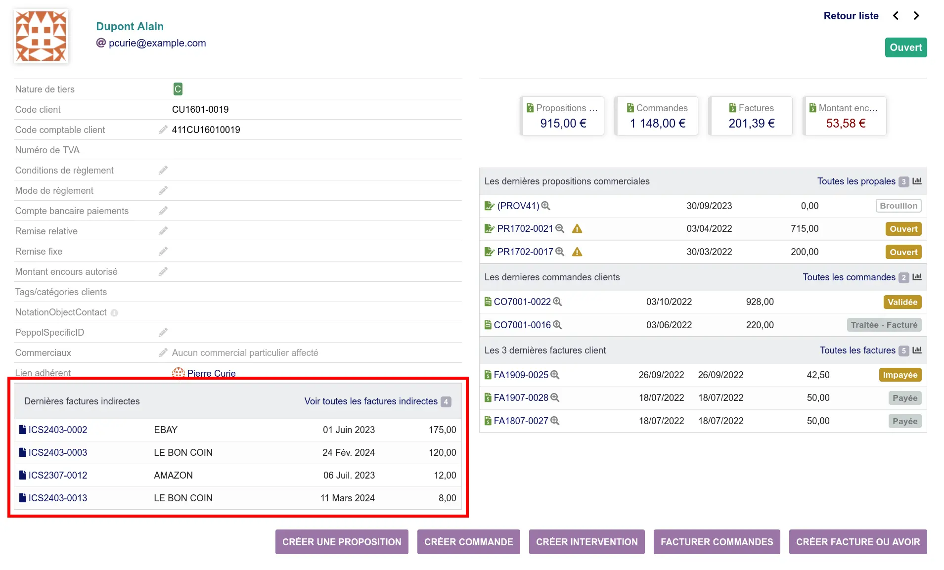 Ventes indirectes depuis la fiche client
