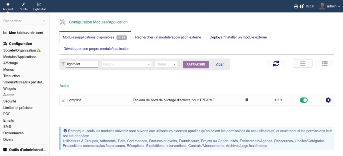 Page d'activation du module Lightpilot dans la liste des modules Dolibarr