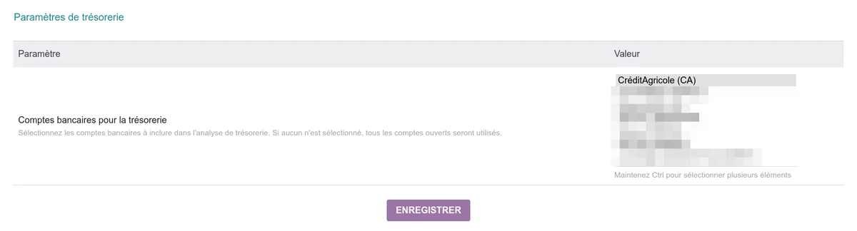 Sélection des comptes bancaires pour le suivi de trésorerie