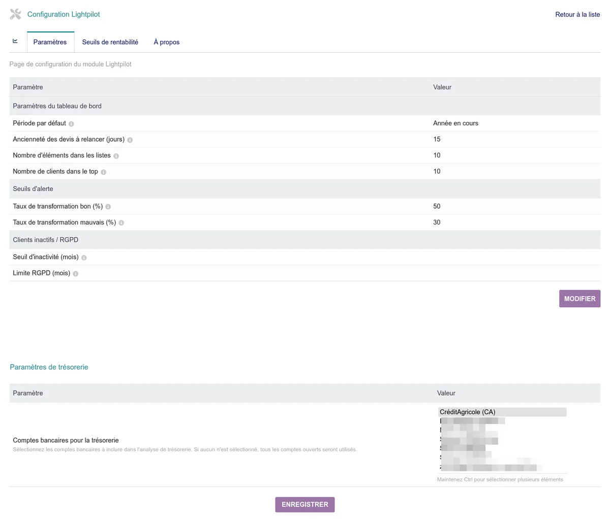 Page de configuration du module Lightpilot avec les différentes sections de paramétrage