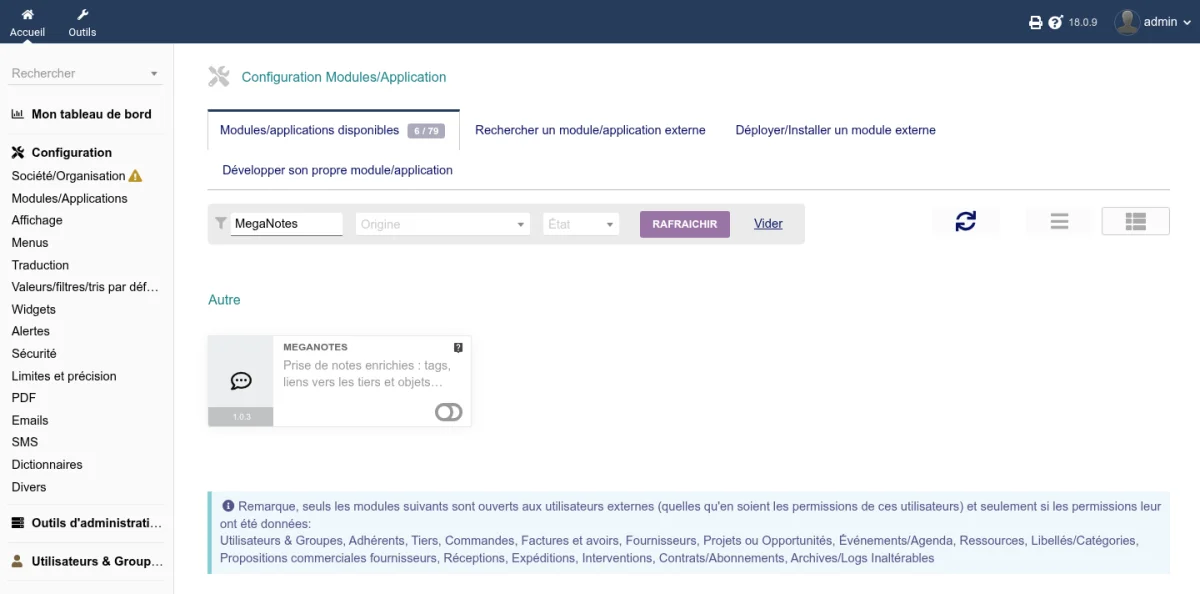 Activation du module MégaNotes dans la liste des modules Dolibarr
