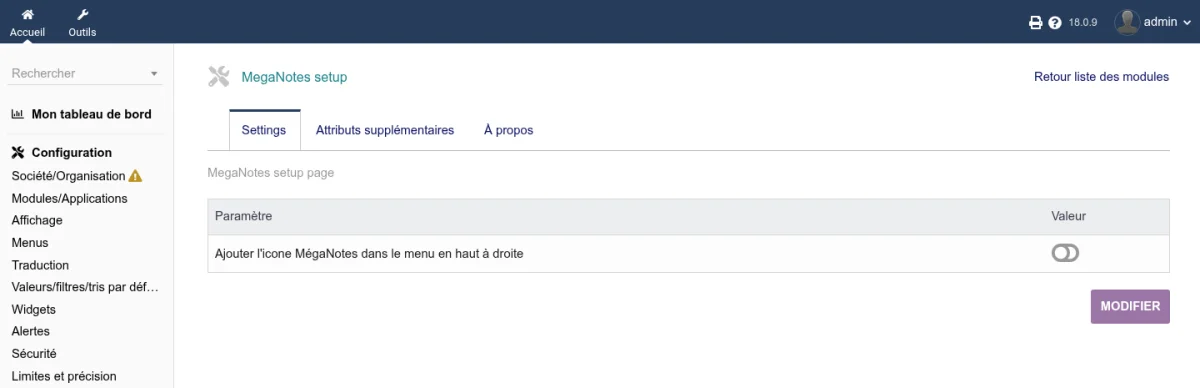 Page de configuration de MégaNotes avec l'onglet Réglages