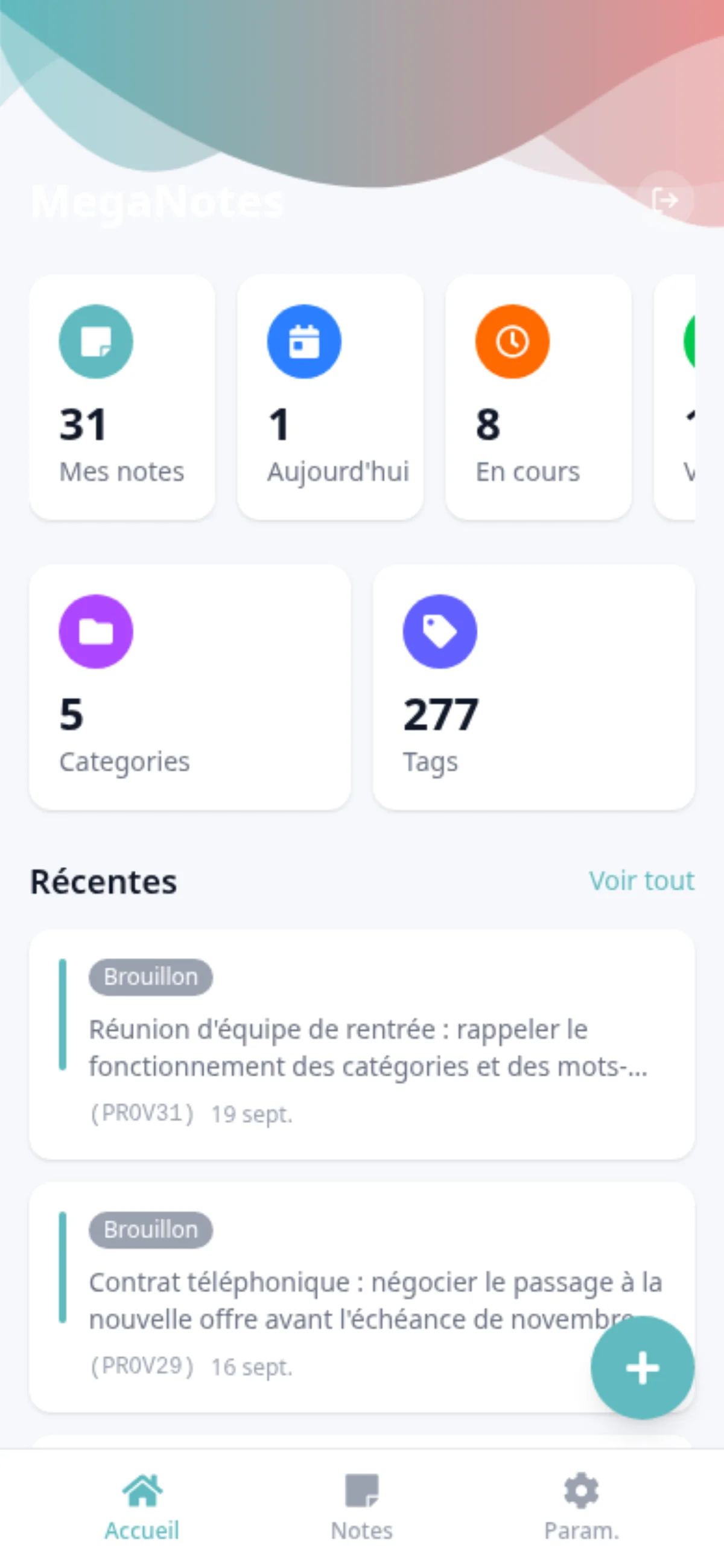 Page d'accueil de l'application mobile avec les statistiques
