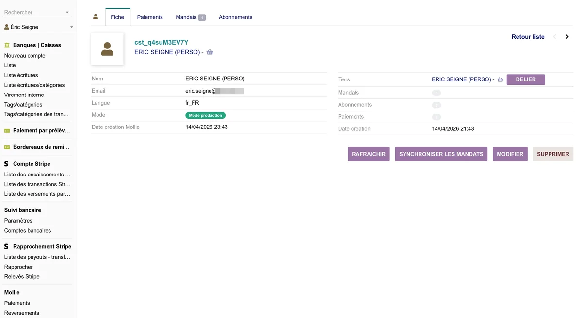Fiche d'un client Mollie avec le lien vers le tiers Dolibarr et les actions disponibles