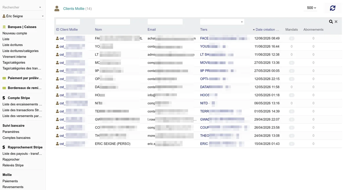 Liste des clients Mollie avec les colonnes ID, nom, e-mail et tiers Dolibarr associé