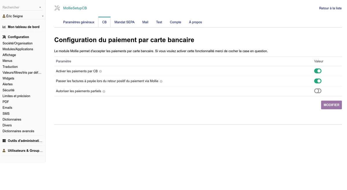 Écran de configuration des paiements par carte bancaire