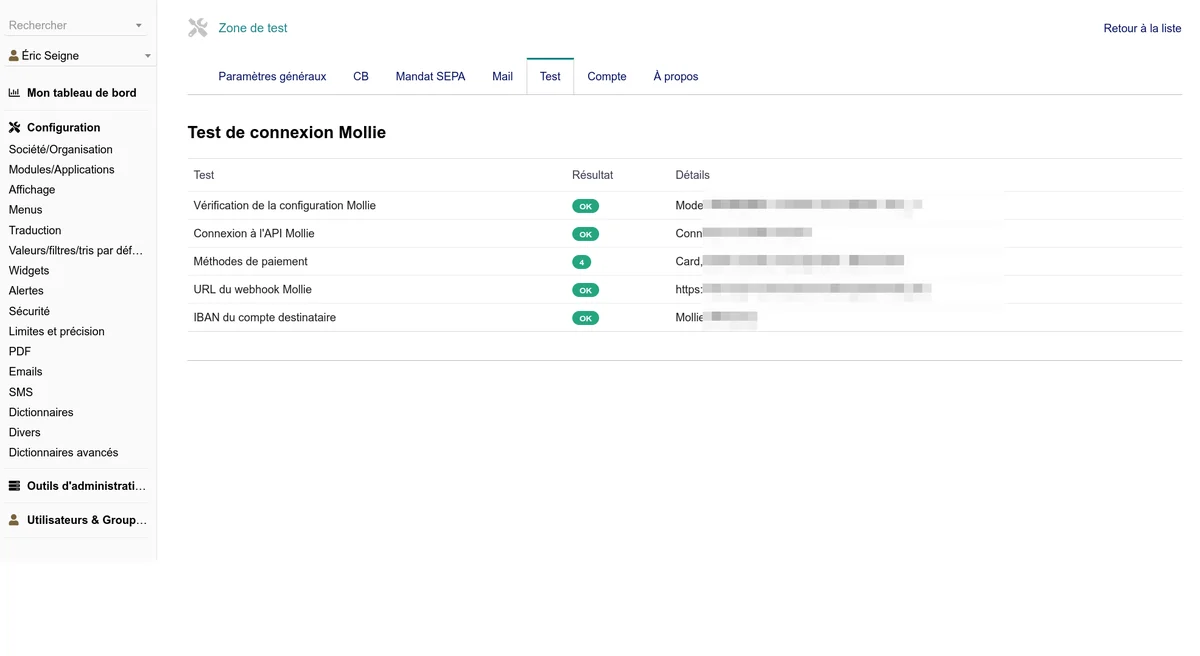 Page d'informations du compte Mollie avec les données de l'organisation et du profil