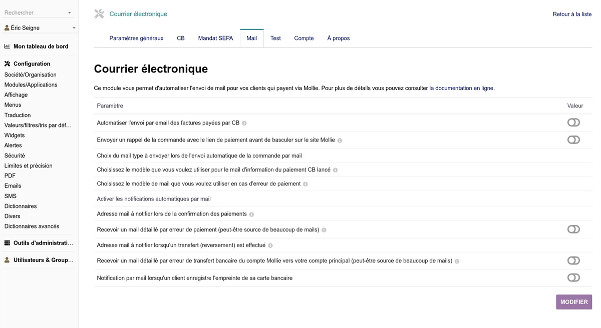 Écran de configuration des e-mails automatiques