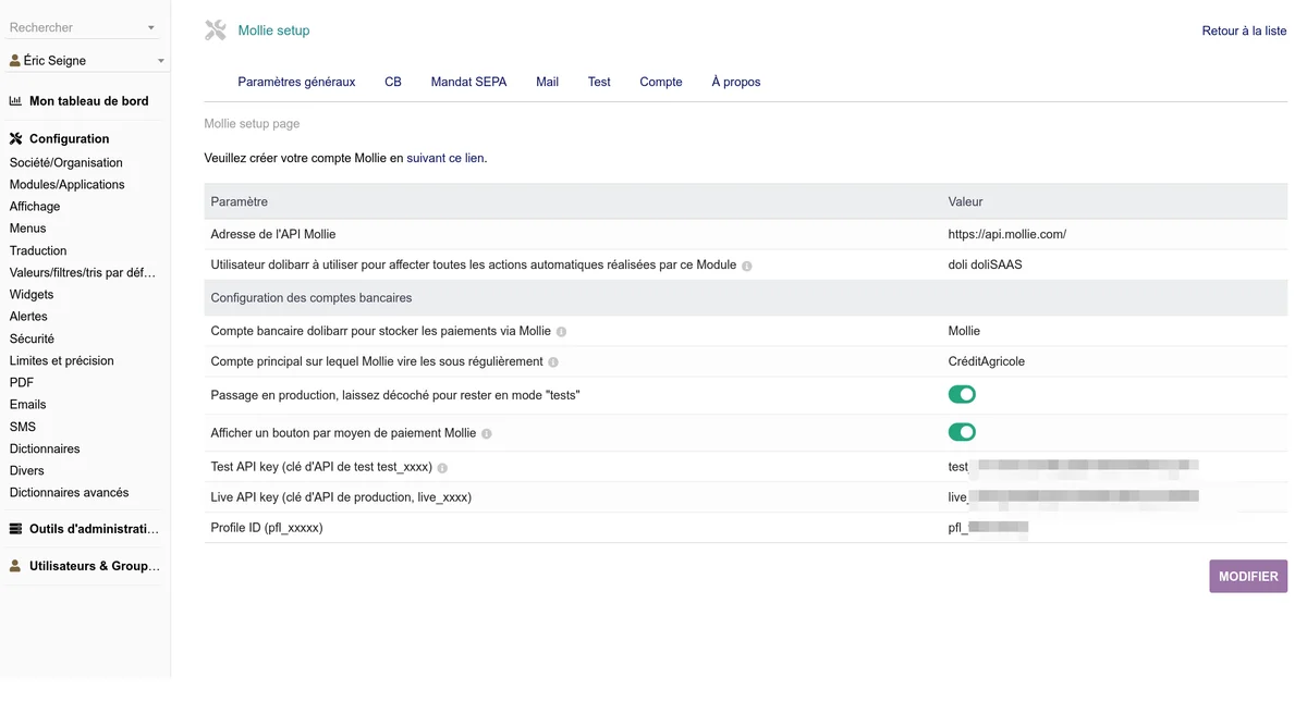 Onglets de configuration du module Mollie