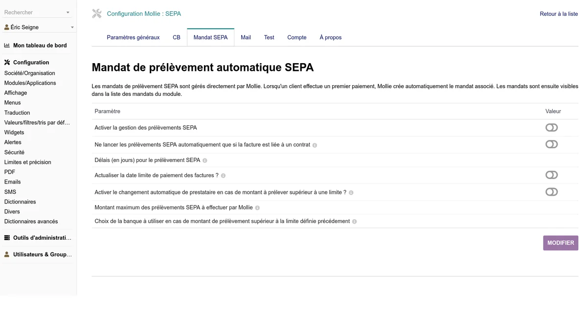 Écran de configuration des prélèvements SEPA