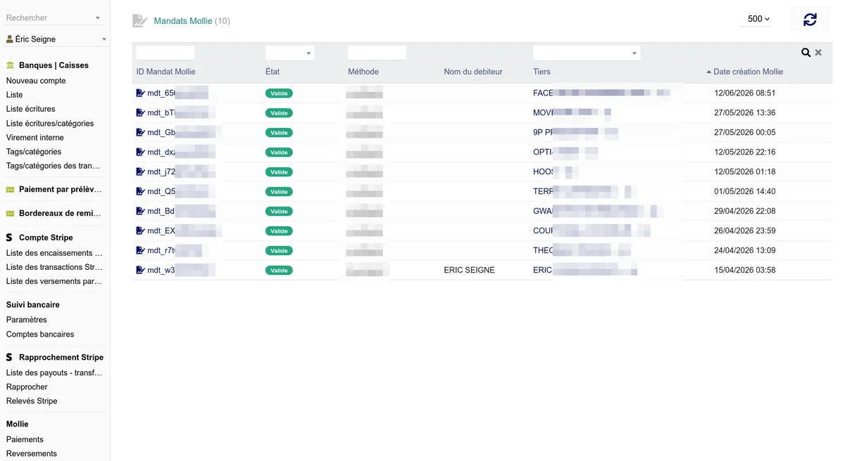Liste des mandats SEPA avec les statuts et dates de signature