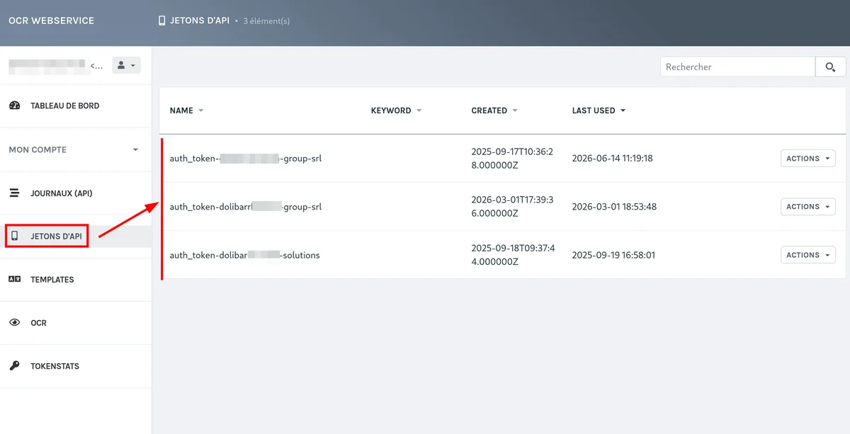 Liste des jetons d'API avec les colonnes Name, Keyword, Created et Last used