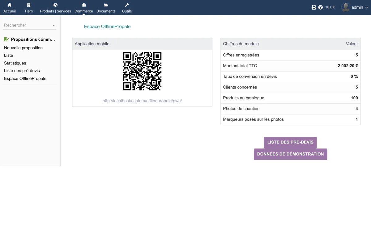 Espace OfflinePropale avec le QR code de l'application mobile et les chiffres du module