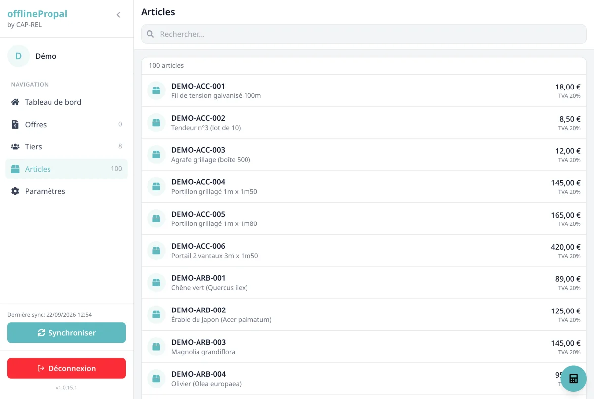 Product list in the mobile application with the search field