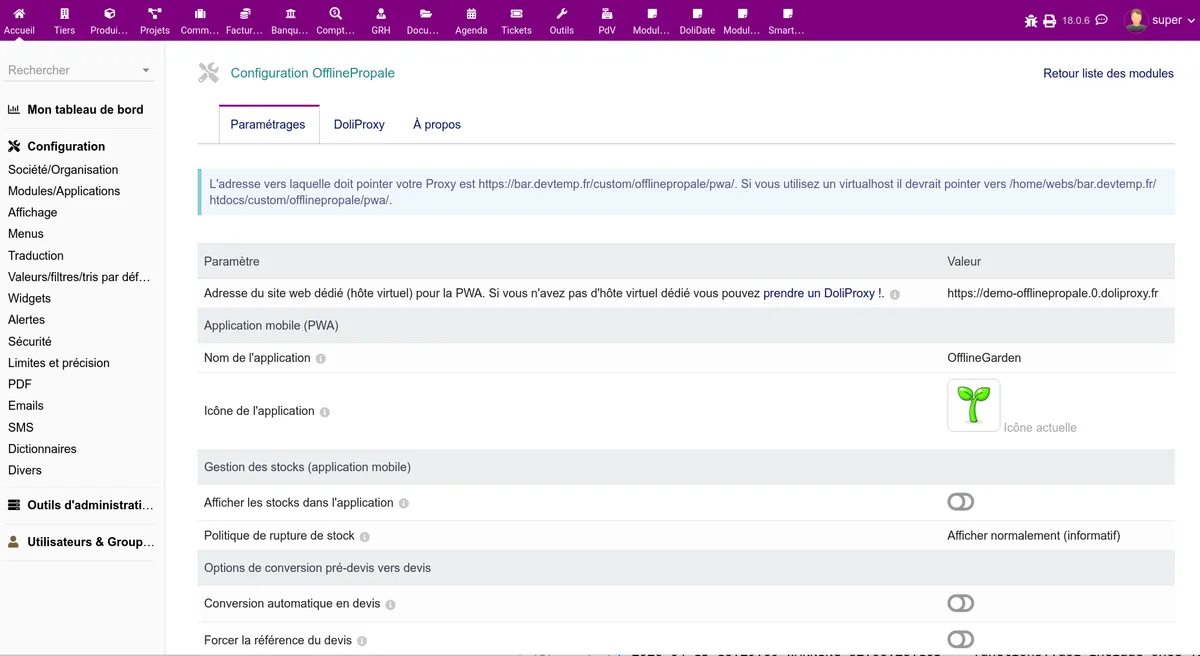 Page de configuration PWA avec les champs hôte virtuel, nom et icône