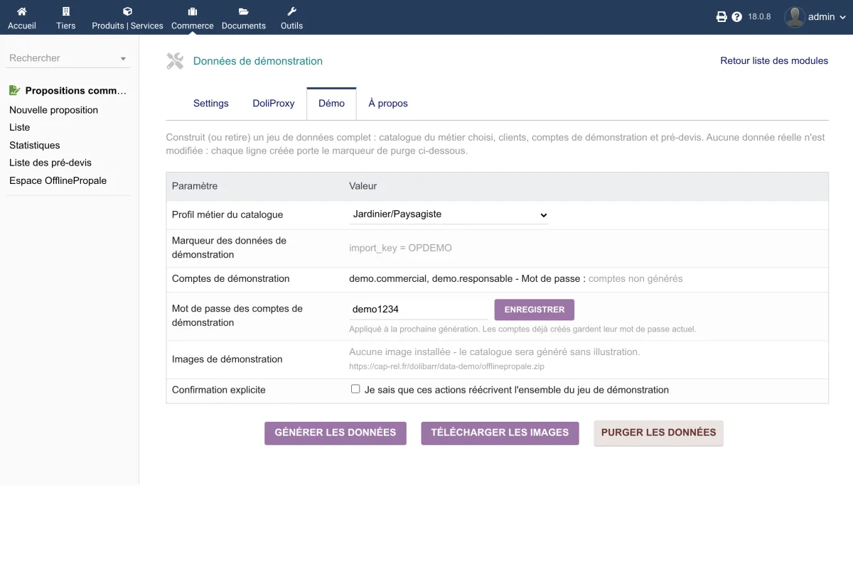 Page de génération des données de démonstration avec le choix du profil métier